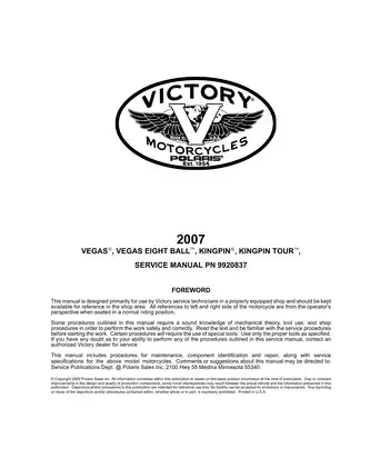 Victory Motorcycles Service Manual for Vegas, Vegas Eight Ball, Kingpin, and Kingpin Tour (2007) Preview image 2