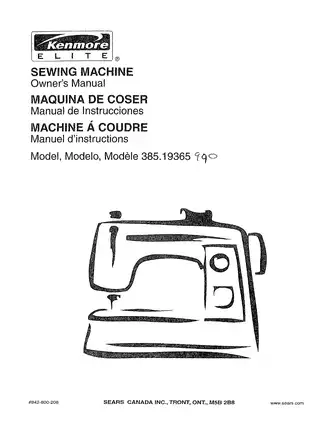 Kenmore 385.19365-385.19365990 sewing machine owners manual Preview image 1