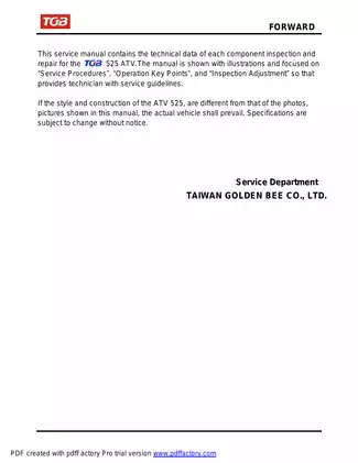 TGB 525 ATV Service Manual - Expert Repair and Maintenance Guide Preview image 2