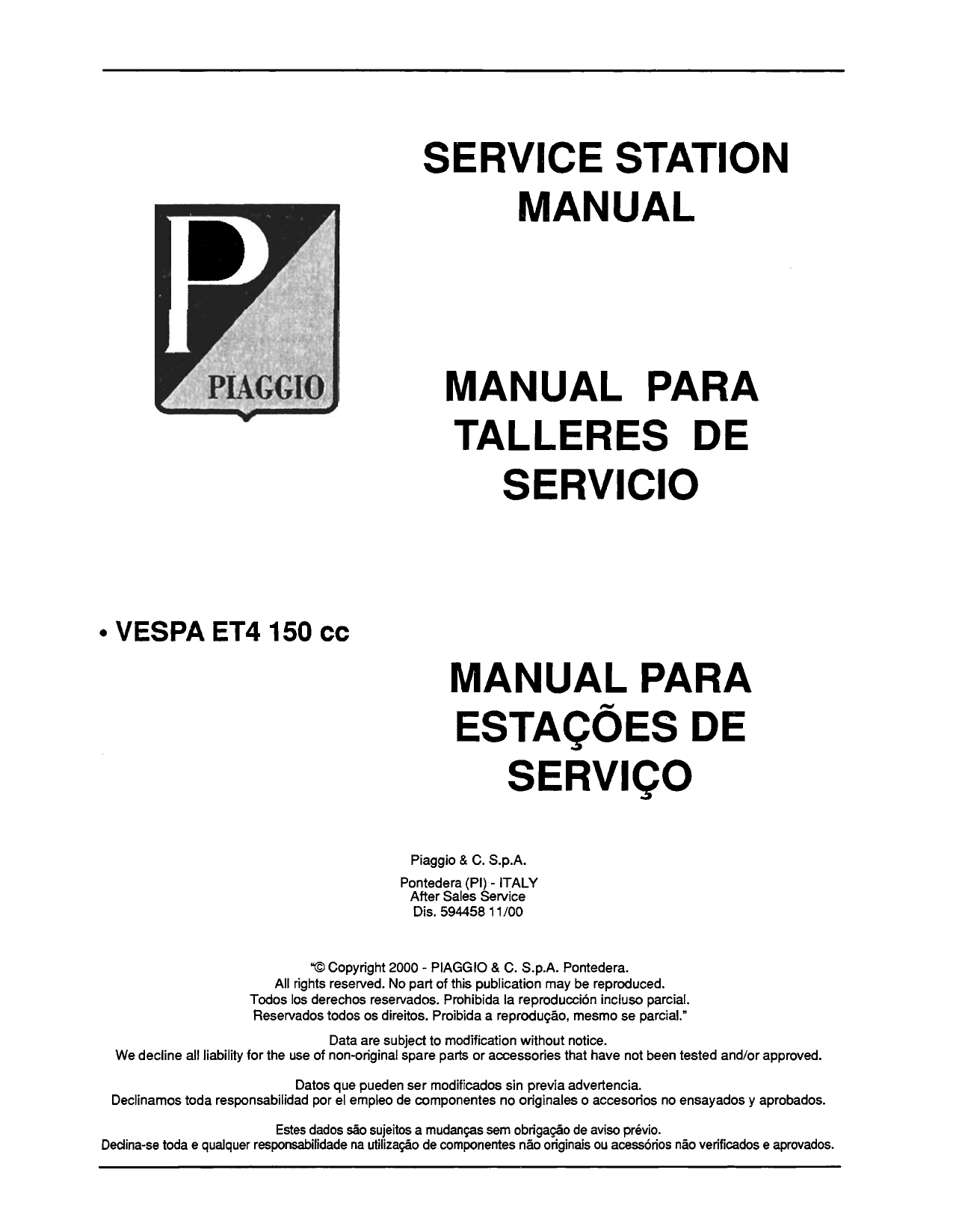 Piaggio Vespa ET4 150 scooter service manual Preview image 1