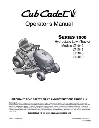 Cub Cadet LT1042, LT1045, LT1046, LT1050 1000 series lawn tractor operator´s manual Preview image 1