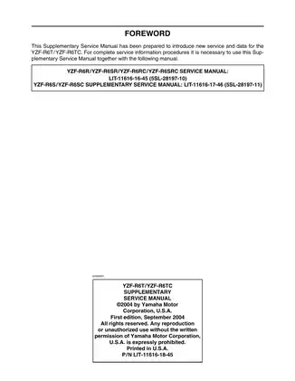 Yamaha YZF-R6T/R6TC Supplementary Service Manual (2004 Edition) Preview image 2