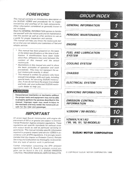 Preview: Suzuki VZ800 Marauder V/W/X/Y/K1/K2/K3 1997–2003 OEM Service Manual (P/N 99500-38034-03E)