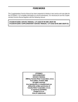 Yamaha XT225N Supplementary Service Manual - Complete Guide for Maintenance and Repair Preview image 2
