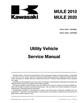 Kawasaki Mule 2010, Mule 2020 Utility vehicle service manual Preview image 3