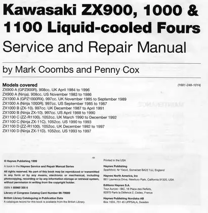 1983-1997 Kawasaki ZX900, ZX1000, ZX1100 Fours service and repair manual
