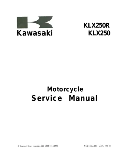 Preview: 1993–1997 Kawasaki KLX250 / D-Tracker KLX 250R Service Manual (P/N 56019-120)