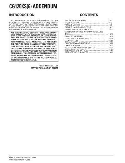 2002–2006 Honda CG 125 Titan, Cargo, Fan Service Manual (P/N 00X62-KGA-602)