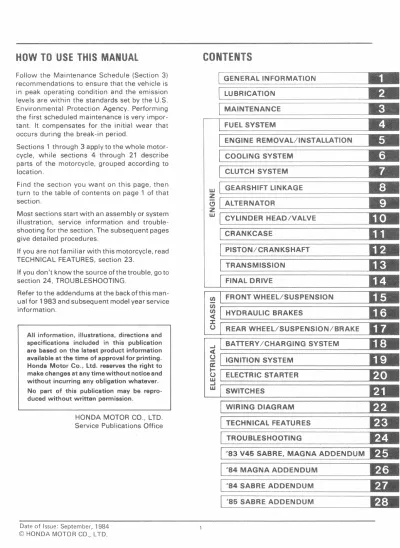 1982–1985 Honda VF750C / VF750S / VF700C / VF700S V45 Sabre Magna Service Manual (P/N 61321-MA6-3000)