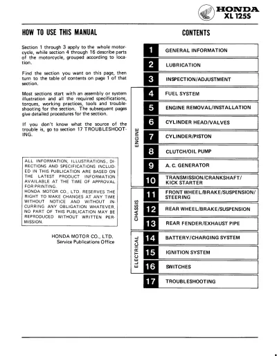 1979–1985 Honda XL 125S Service Manual (P/N P-6643701)