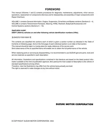 Suzuki Swift RS415 Service Manual (Applicable from VIN XJSAEZC21S00100001) Preview image 3