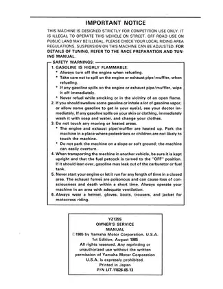 1986 Yamaha YZ125S owners and service manual Preview image 2
