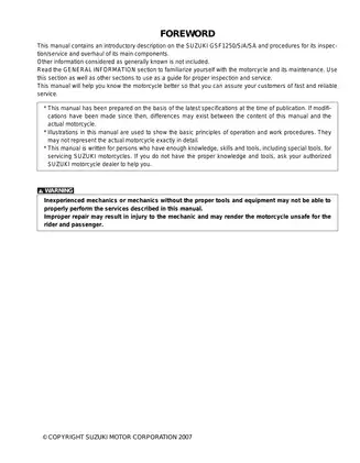 SUZUKI GSF1250 Motorcycle Service Manual - Your Complete Repair Guide Preview image 1
