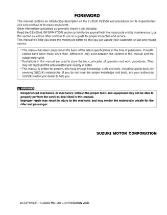 Suzuki VZ1500 Motorcycle Service Manual (2008-2009)