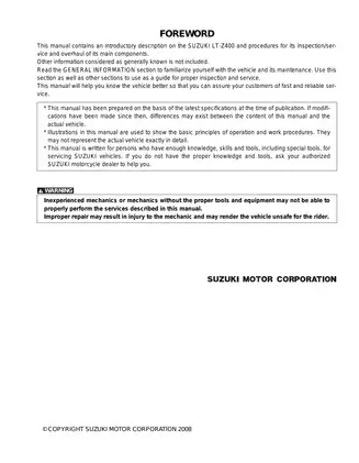 Suzuki LT-Z400 Service Manual (2009 Model) - Comprehensive Guide for Mechanics