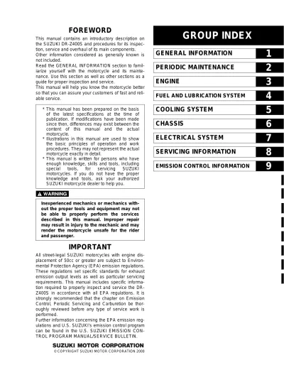 Preview: Suzuki DR-Z400S / DR-Z400SK1-SK7 / DR-Z400SMK7 / DR-Z400S/SMK8-SMK9 2001–2009 Service Manual (P/N 99500-43090-03E)