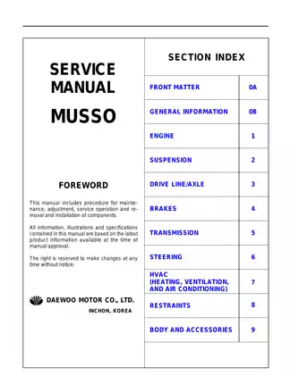 1999-2005 SsangYong Musso / Daewoo Musso service manual Preview image 1