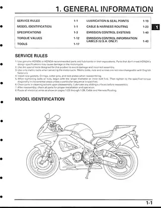 Comprehensive Honda Motorcycle Service Manual: Maintenance and Specifications Guide Preview image 1