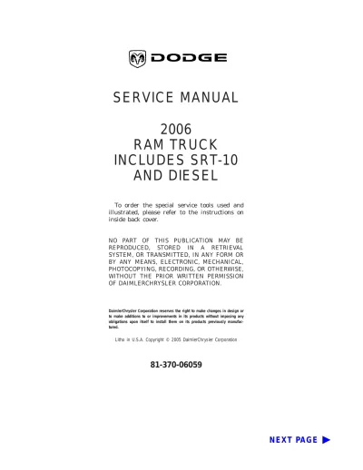 Preview: 2006 Dodge RAM Truck Service Manual with SRT-10 and Diesel Engine Support (P/N 81-370-06059)