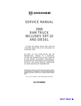 2006 Dodge RAM Truck, SRT-10 and diesel service manual Preview image 1