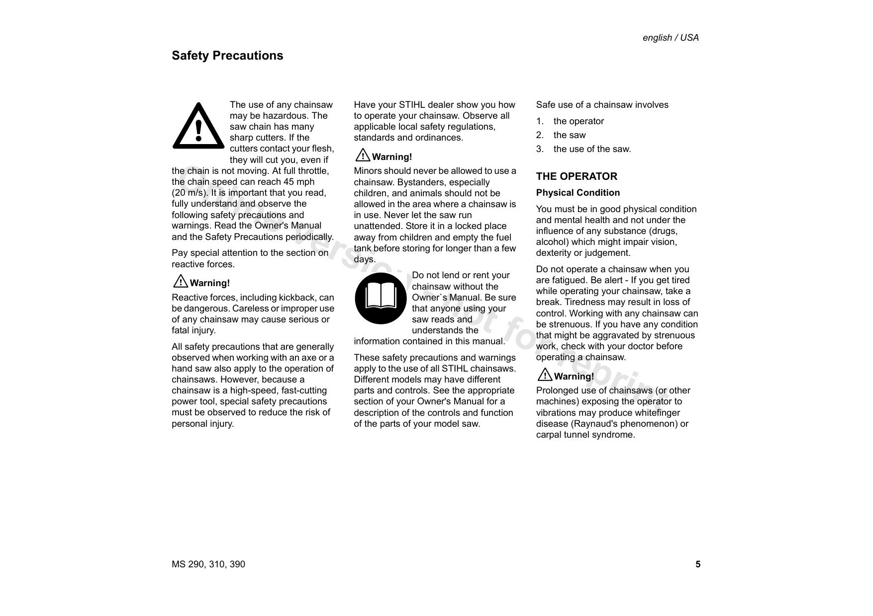 Stihl 290 310 390 chainsaw service manual Preview image 5