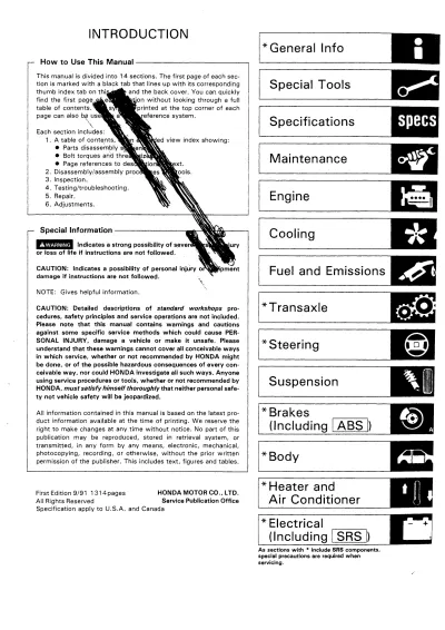 Preview: 1992–1995 Honda Civic CX, DX, EX, LX, Si, and VX Repair Manual (P/N 61SR300)