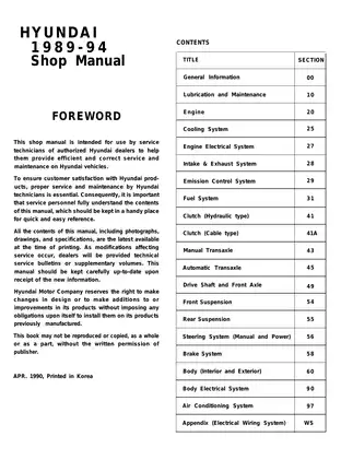 1989-1994 Hyundai Excel shop manual