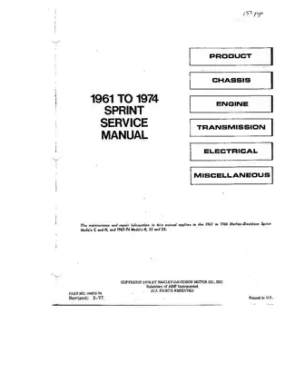 1961-1974 Harley-Davidson Sprint C, Sprint H, Sprint SS, Sprint SX service manual