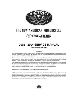2002-2004 Victory Motorcycle Service Manual - Standard, Deluxe, Classic & Touring Cruiser Preview image 2