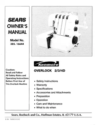 Sears Overlock Machine Model No. 385.16644 Owner's Manual