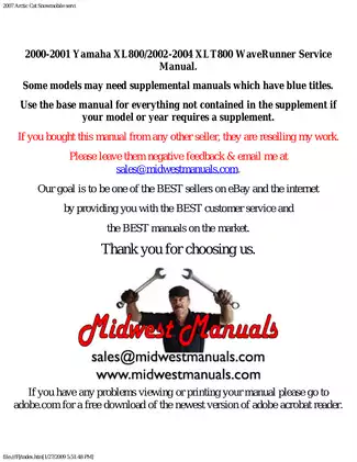 Yamaha XL800/XLT800 WaveRunner Service Manual Digital Download