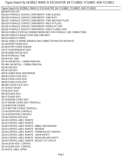Preview: Kobelco SK300LC Mark IV Excavator Parts List OEM