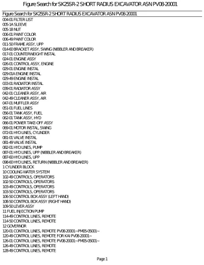 Preview: Kobelco SK25SR-2 Short Radius Excavator Parts Catalog (P/N PV08-20001)