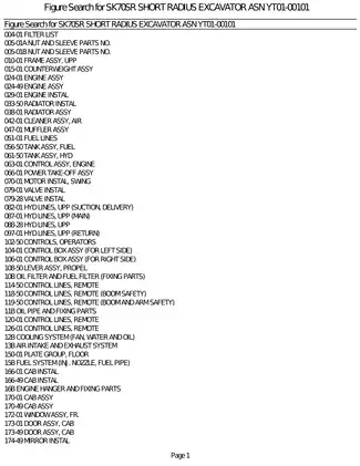 Kobelco SK70 SR Short Radius Hydraulic Mini Excavator parts list Preview image 1