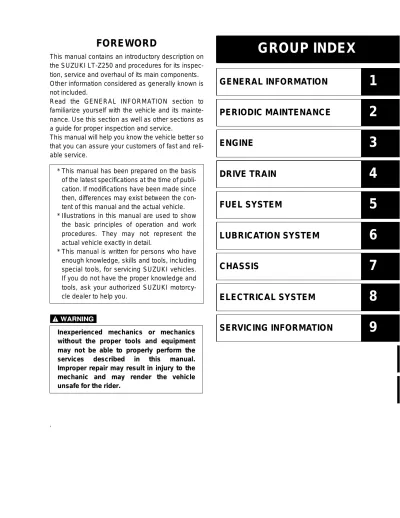Preview: 2004–2009 Suzuki LT-Z250 QuadSport 250 Service Manual (P/N 99500-42175-03E)