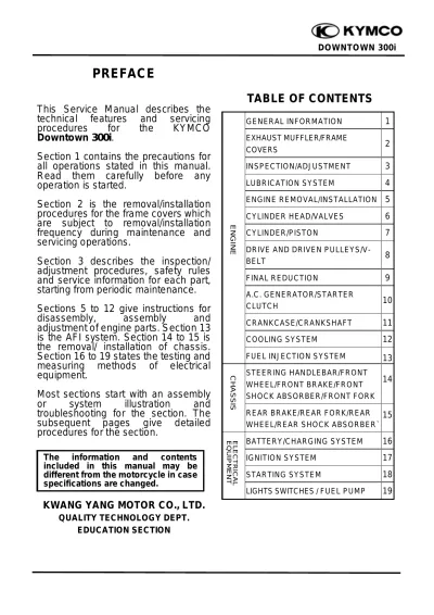 Kymco Downtown 300i Scooter Service Manual (P/N T300-LEA7-A2)