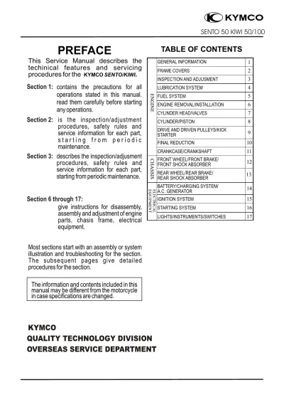 2009–2012 Kymco Sento 50 / Kiwi 50 / Kiwi 100 Scooter Service Manual