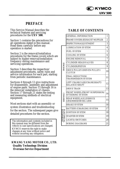 2008 Kymco UXV 500 Repair Manual (P/N T100-UAA0AA-US)