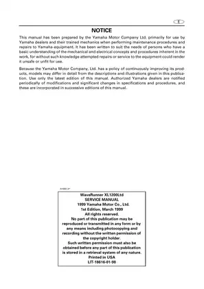 Yamaha WaveRunner XL1200 Ltd Service Manual (1999 Edition) - Comprehensive Repair Guide Preview image 2