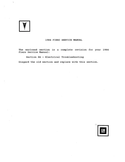 Pontiac Fiero Base, SE, GT, Formula 1984–88 Shop Manual (P/N MR-437)