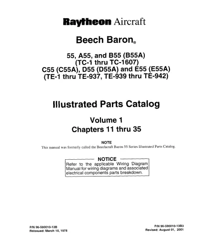 Beechcraft Baron 55, A55, B55 (1965–1972) Illustrated Parts Catalog - Volume 1 & 2 (P/N 96-590010-13B3)