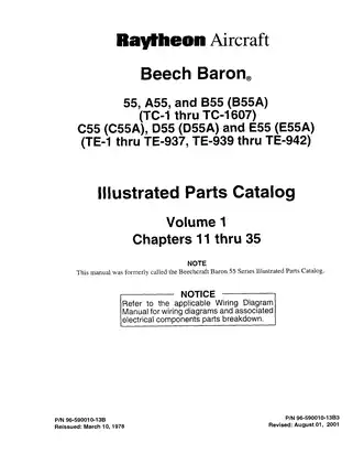 2001 Beechcraft Baron A55, B55, C 55, D55, E55 Vol 1 & 2 IPC aircraft parts catalog