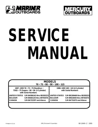 1987-1993 Mercury Mariner 70 hp, 75 hp, 80 hp, 90 hp, 100 hp 115 hp Marathon, Seapro outboard motor service manual Preview image 1