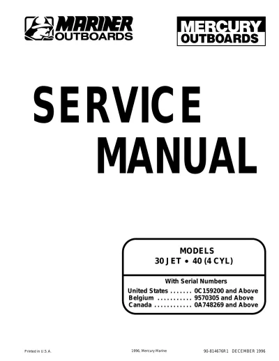 1996 Mercury 30 HP & 40 HP Outboard Motors Service Manual (P/N 90-814676R1)
