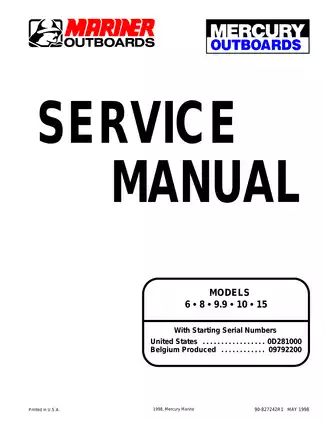 Mercury Marine Outboard Service Manual for Models 6, 8, 9.9, 10 and 15