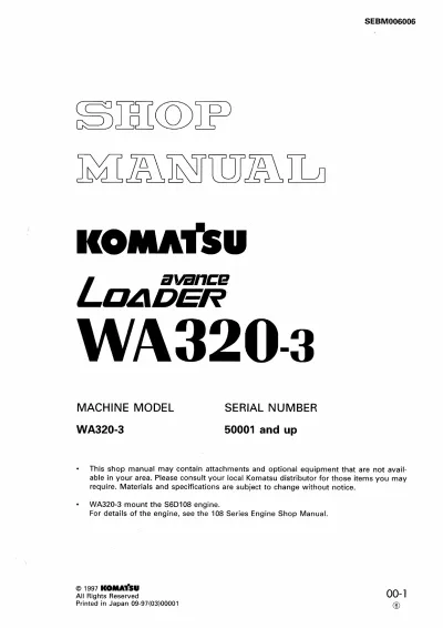 Komatsu WA320-3 Avance Wheel Loader Shop Manual (P/N SEBM006006)