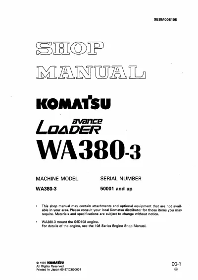 Komatsu WA380-3 / WA380-3 Avance / WA380-3H / WA380-3H High-Lift / WA380-3 Active Wheel Loader 2000–2005 Shop Manual (P/N SEBM006105)