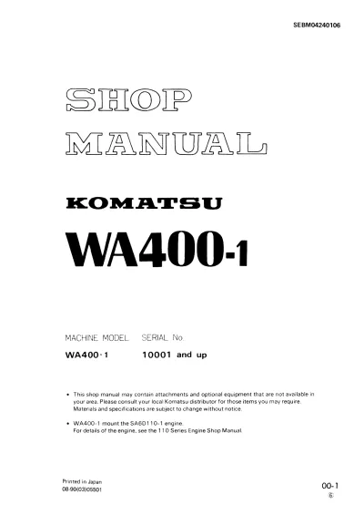 Komatsu WA400-1 Wheel Loader Shop Manual (P/N SEBM04240106)