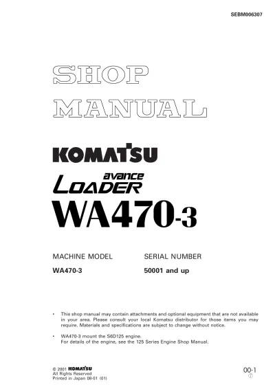 Komatsu WA470-3, WA470 Avance Wheel Loader Factory Shop Manual (P/N SEBM006307)