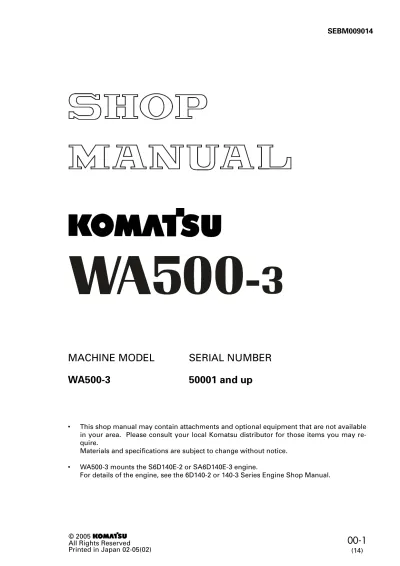 2001–2005 Komatsu WA500-3 Factory Service & Repair Manual (P/N SEBM009014)